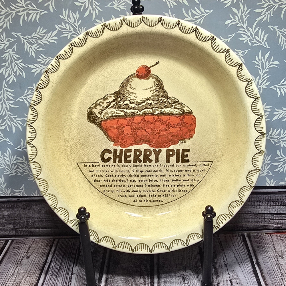 Cherry Pie Baking Dish/Serving Plate 10" w/cherry pie recipe Cottage Granny